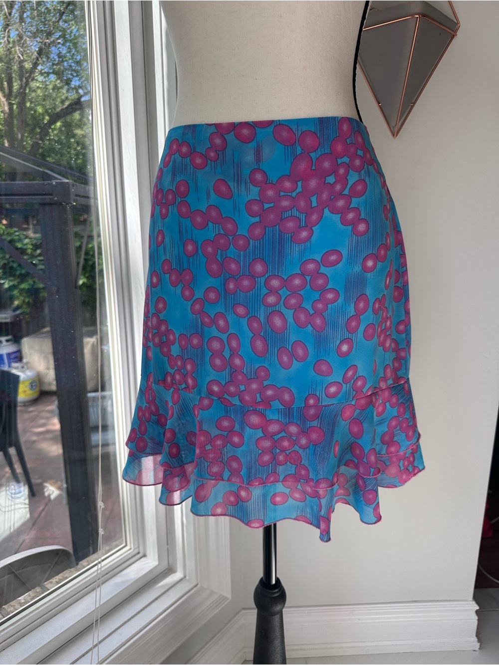 VINTAGE 90s SMART SET Bright Blue & Pink Patterned Ruffle Hem Chiffon Skirt Sz 5